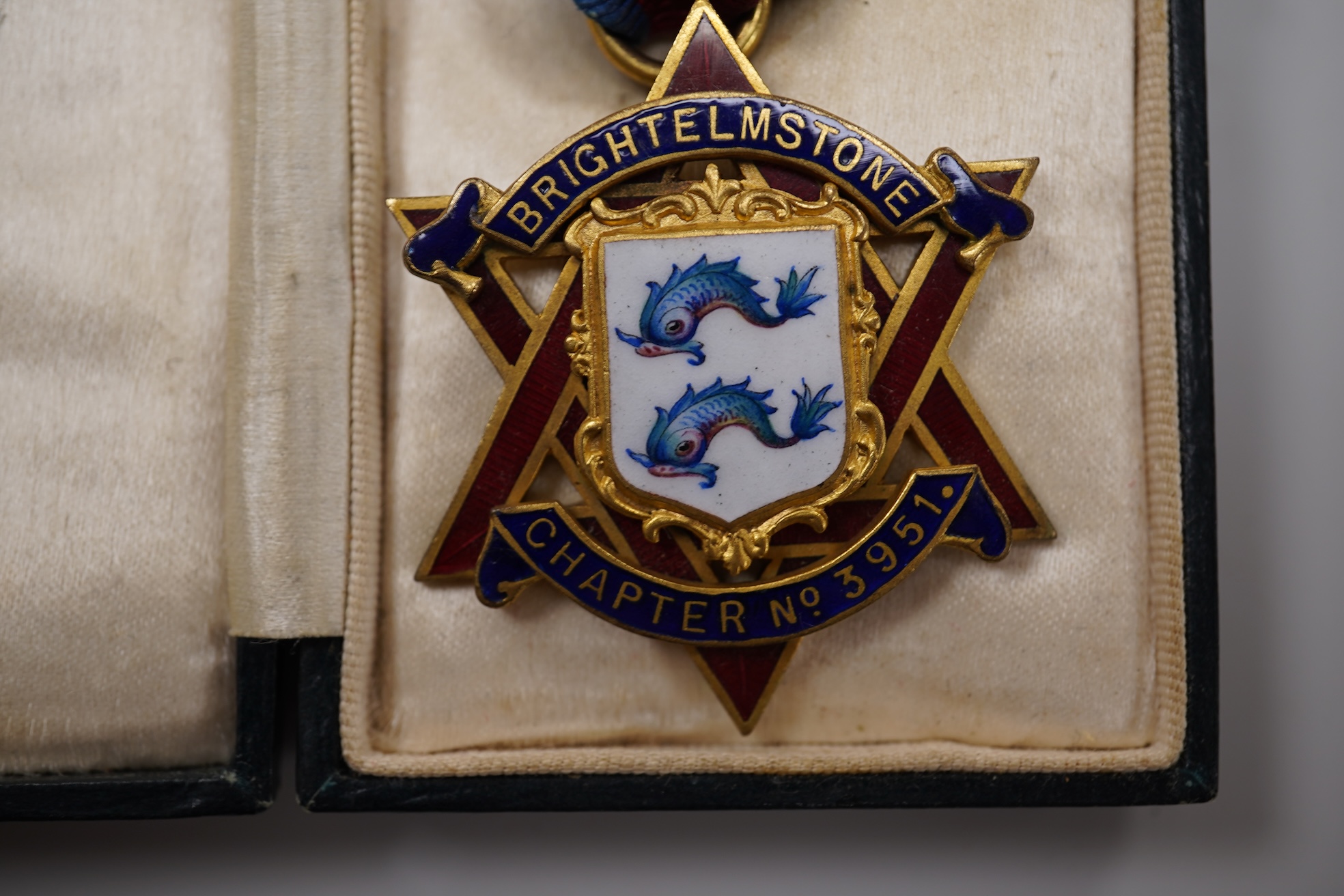 Three Masonic interest medallions / medals, each with enamelled decoration to include a silver gilt example for the Royal Naval Lodge, each cased